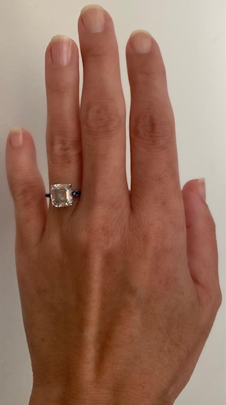 Contemporary GIA 3.01 Carat Square Emerald / Asscher Cut Diamond and Sapphire Platinum Ring For Sale