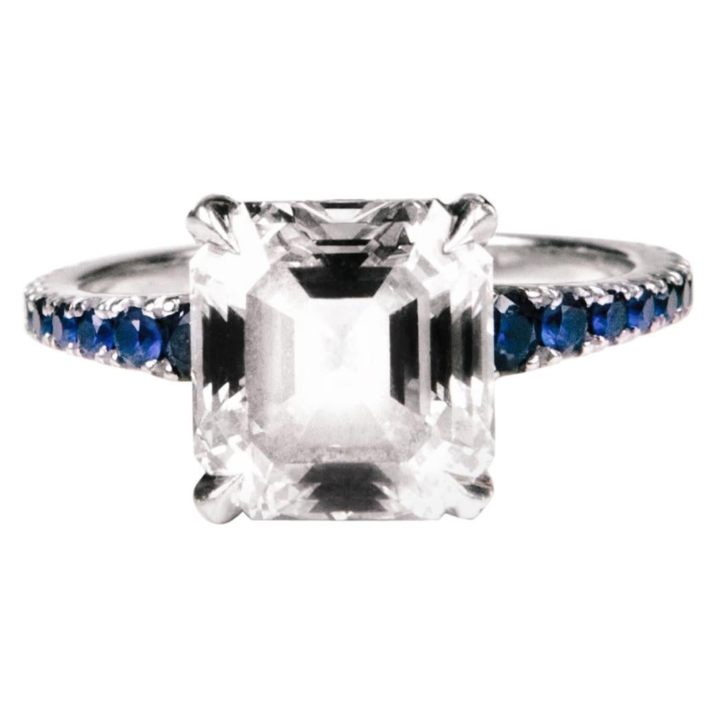 GIA 3.01 Carat Square Emerald / Asscher Cut Diamond and Sapphire Platinum Ring For Sale