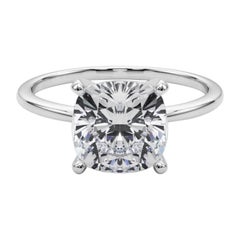 GIA 3.01ct Cushion Slim Band Prong Set Solitaire 18K White Gold Diamond Ring