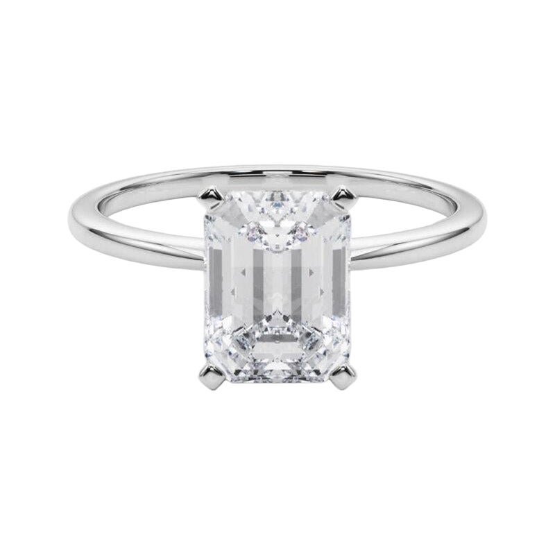 GIA 3.01ct Emerald Slim Band Prong Set Solitaire 18K White Gold Diamond Ring