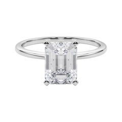 GIA 3.01ct Emerald Slim Band Prong Set Solitaire 18K White Gold Diamond Ring
