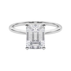GIA 3.01ct Emerald Slim Band Prong Set Solitaire 18K White Gold Diamond Ring