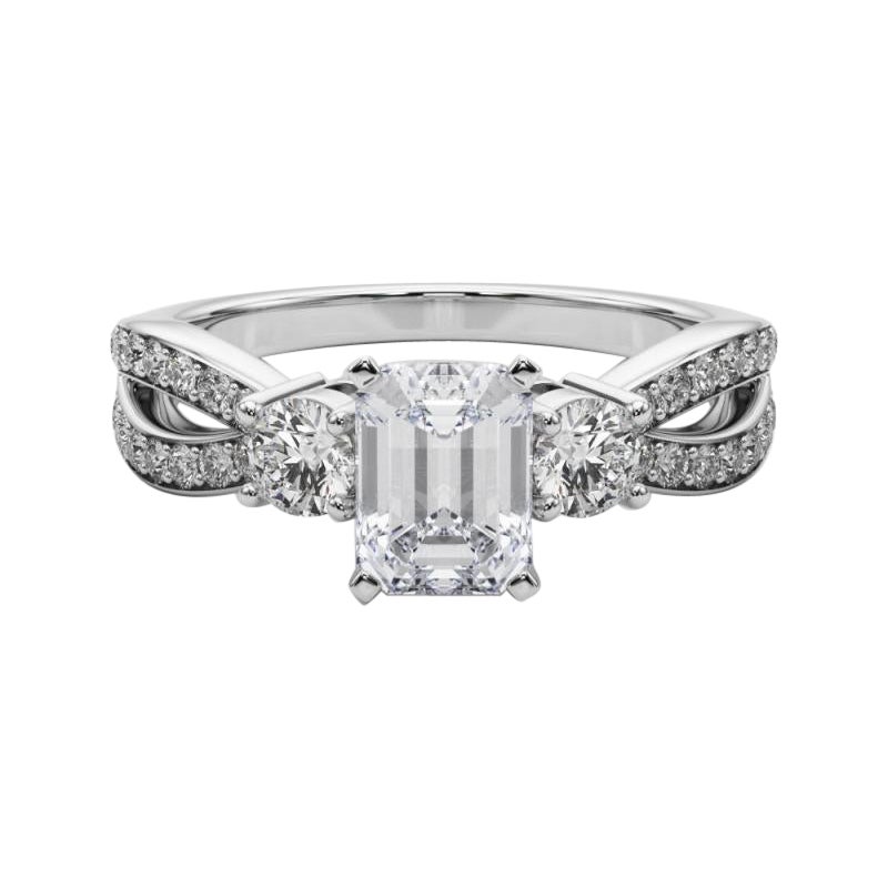 GIA Esmeralda de 3,01 quilates Anillo de diamantes de oro blanco de 18 quilates con pavé y vástago partido