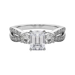 GIA 3.01ct Smeraldo a tre pietre Split Shank Pave Anello con diamanti in oro bianco 18K