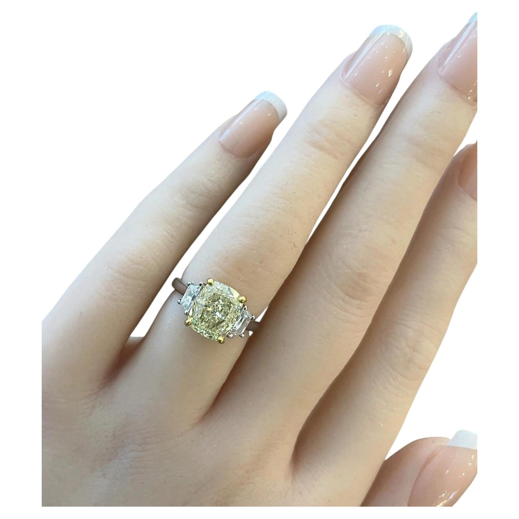 GIA 3.01ct Fancy Light Yellow Cushion Diamond Ring in Platinum & 18k Yellow Gold