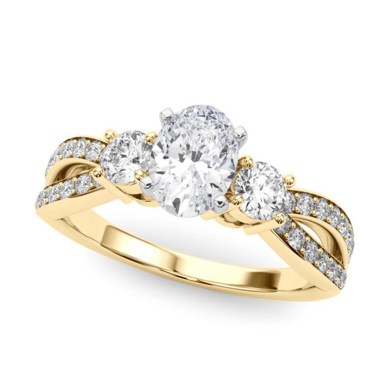 Oval Cut GIA 3.01ct Oval Three-Stone Split Shank Pave 18K Yellow Gold Diamond Ring
