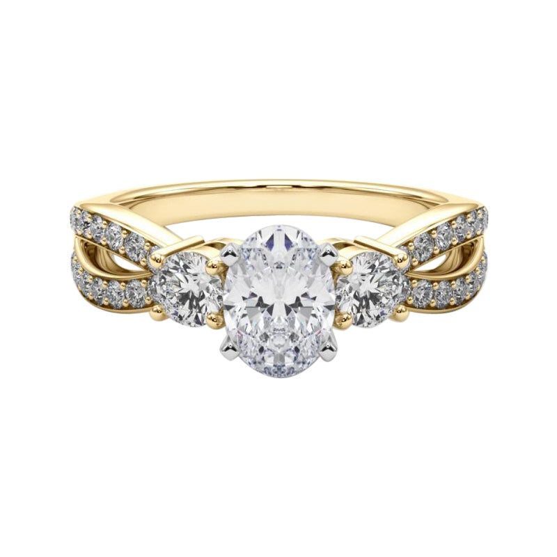 GIA 3.01ct Oval Three-Stone Split Shank Pave 18K Yellow Gold Diamond Ring