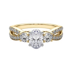 GIA 3.01ct Oval Three-Stone Split Shank Pave 18K Yellow Gold Diamond Ring