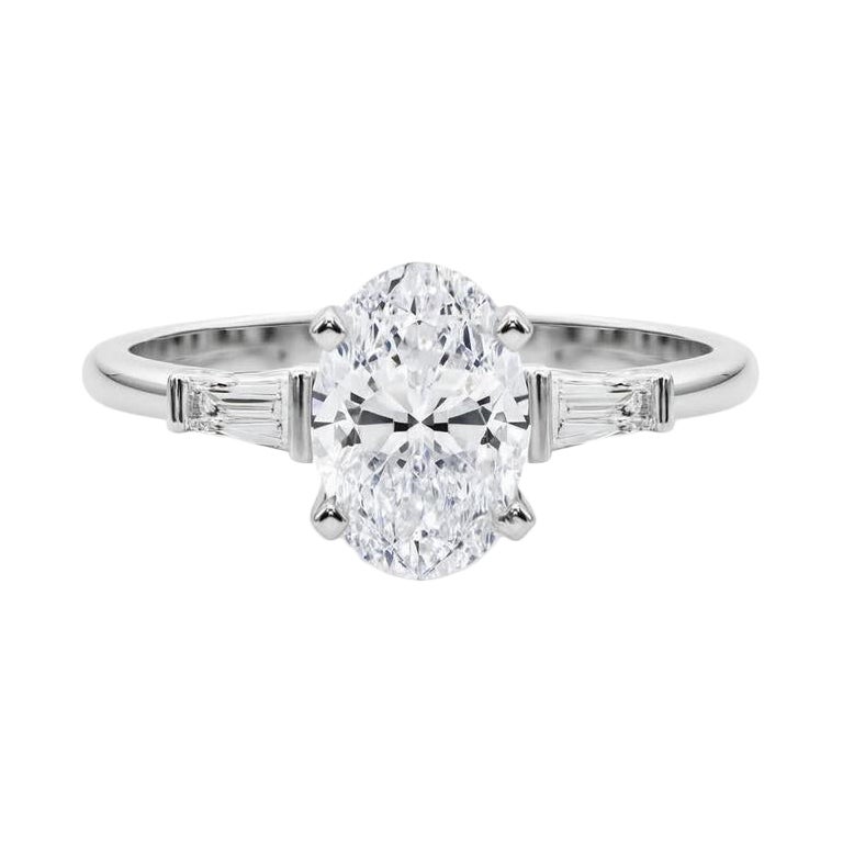 GIA 3.01ct Oval Three-Stone Tapered Baguette 18K White Gold Diamond Ring