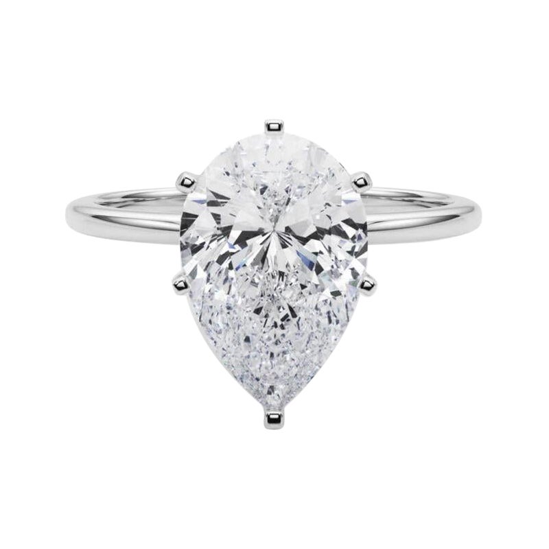 GIA 3.01ct Pear Slim Band Prong Set Solitaire 18K White Gold Diamond Ring