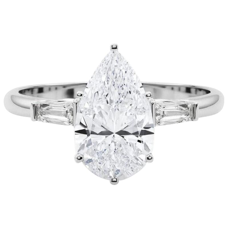 GIA 3.01ct Pear Three-Stone Tapered Baguette 18K White Gold Diamond Ring