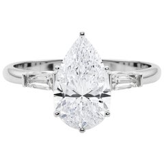 GIA 3.01ct Pear Three-Stone Tapered Baguette 18K White Gold Diamond Ring