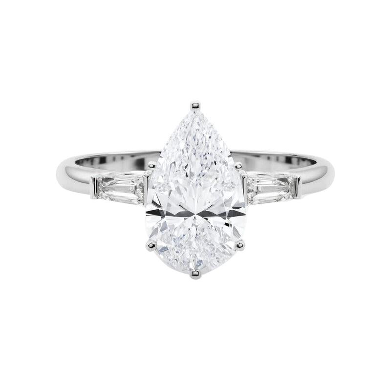 GIA 3(three) pierres poires Baguette effilée Bague en or blanc 18K diamant