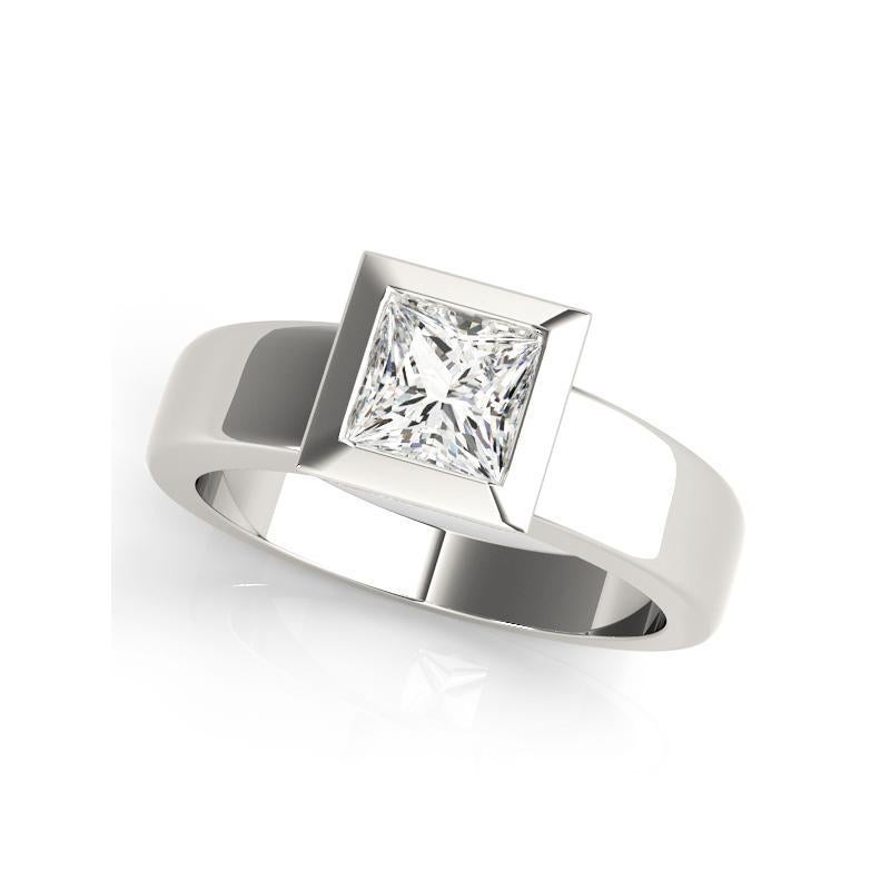 Taglio princess GIA 3,01ct Anello di diamanti moderno con solitario a castone e fascia larga in vendita