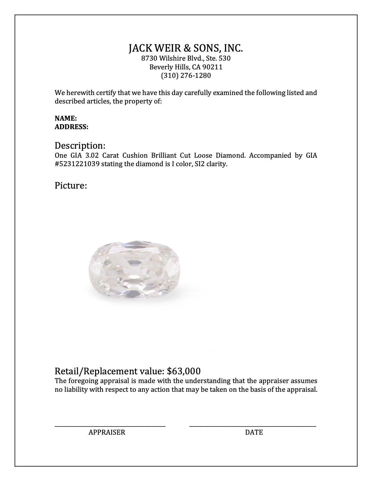 Women's or Men's GIA 3.02 Carat Cushion Brilliant Cut Loose Diamond For Sale