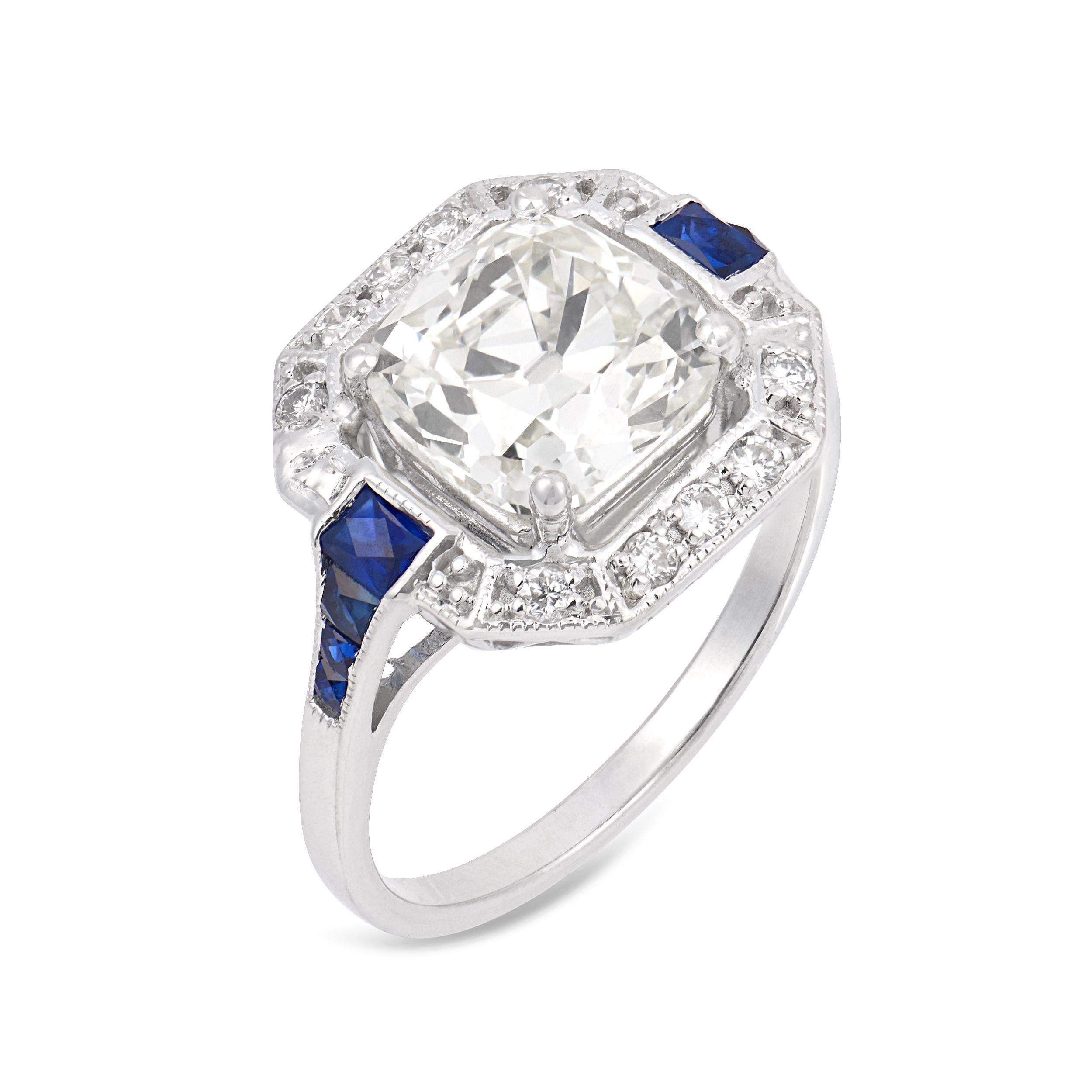 GIA 3.02 carat old mine cut diamond sapphire 18k white gold engagement ring