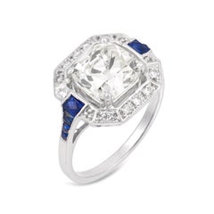 GIA Anillo de compromiso de oro blanco de 18 quilates con zafiro y diamante talla mina antigua de 3,02 quilates