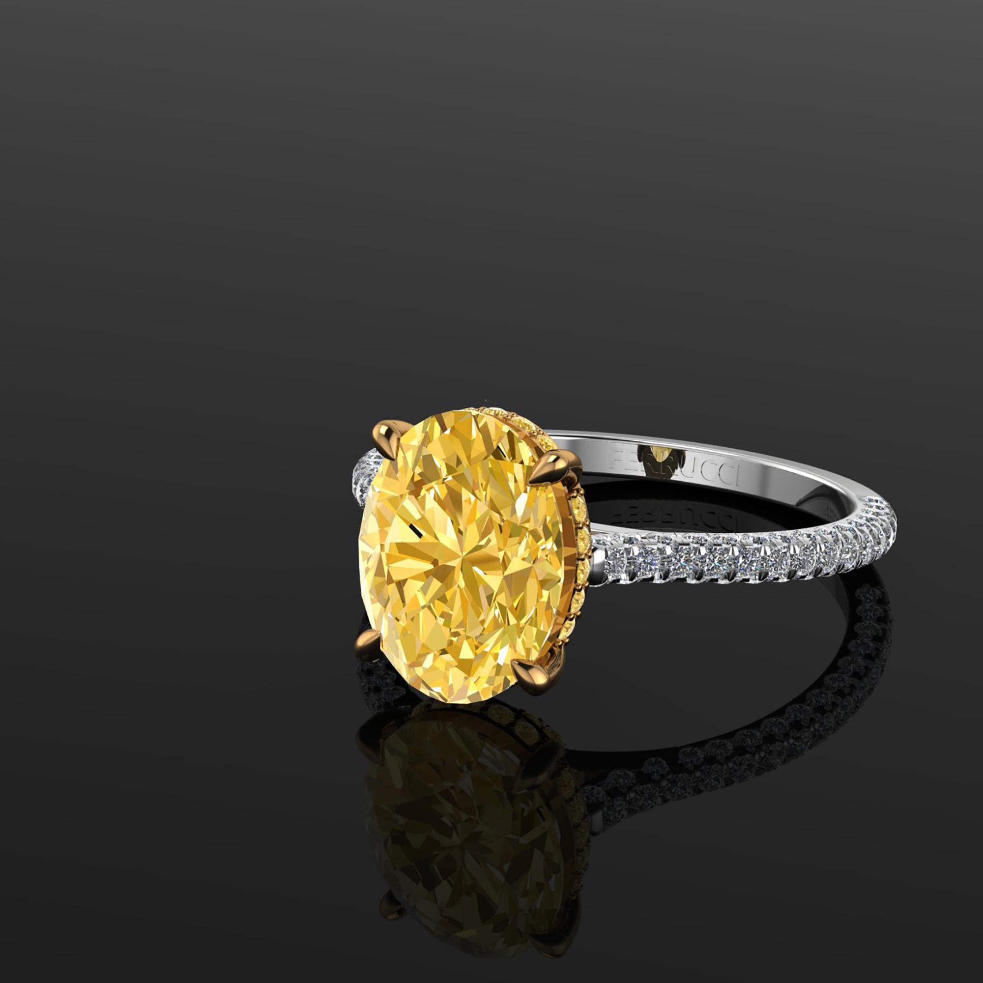 Women's GIA 3.06 Carat Oval Vivid Yellow Diamond White Diamonds Pave' Gold and Platinum For Sale