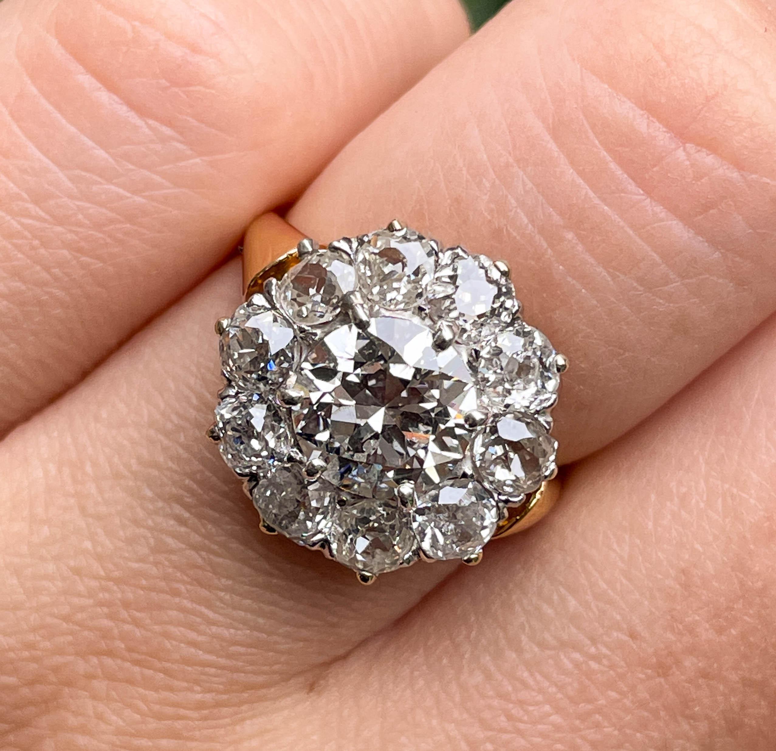 This breathtakingly beautiful CIRCA 1900s Authentic Victorian Old European Diamond Flower shaped Platinum Top and 18k Yellow Gold Cluster Ring (tested) dazzles GIA Certified 1.52ct Old European Center Diamond in G color I1 clarity (Very White and