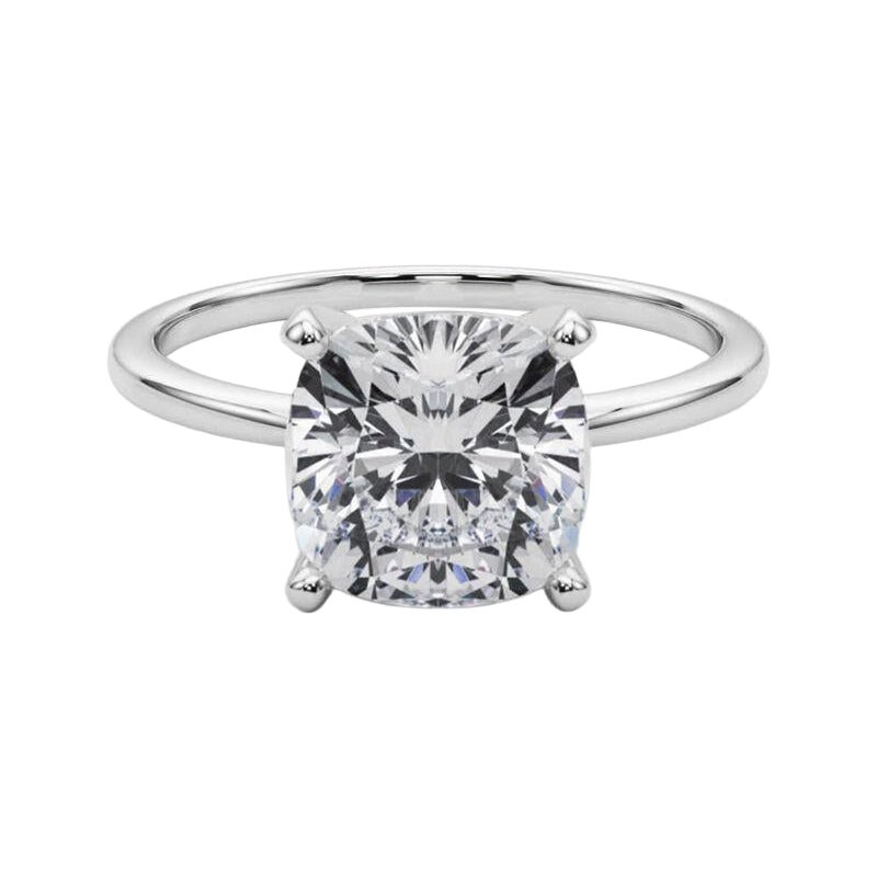 GIA 3.02ct Cushion Slim Band Prong Set Solitaire 18K White Gold Diamond Ring For Sale
