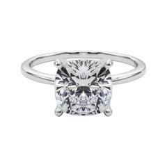 GIA 3.02ct Cushion Slim Band Prong Set Solitaire 18K White Gold Diamond Ring