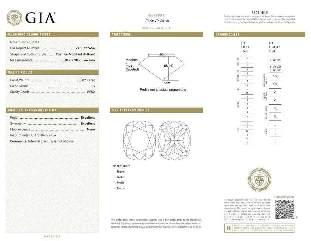 Contemporary GIA 3.02ct Cushion Three-Stone Tapered Baguette 18K Yellow Gold Diamond Ring For Sale