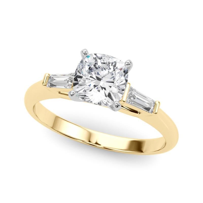 Cushion Cut GIA 3.02ct Cushion Three-Stone Tapered Baguette 18K Yellow Gold Diamond Ring For Sale