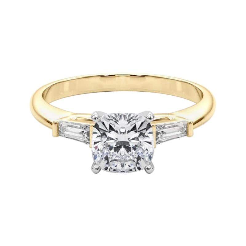GIA 3.02ct Cushion Three-Stone Tapered Baguette 18K Yellow Gold Diamond Ring
