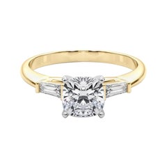GIA 3.02ct Cushion Three-Stone Tapered Baguette 18K Yellow Gold Diamond Ring