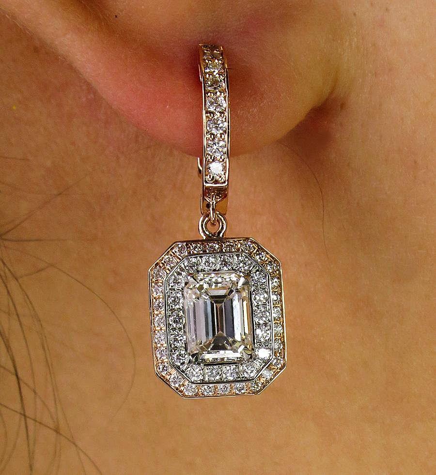 GIA 3.02ct Emerald Cut Diamond Dangle Hanging Halo Pave Rose White Gold Earrings 6
