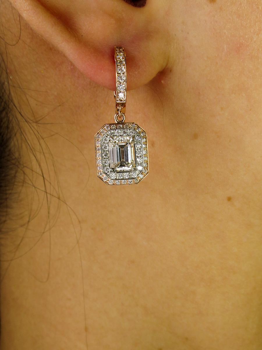 GIA 3.02ct Emerald Cut Diamond Dangle Hanging Halo Pave Rose White Gold Earrings 7