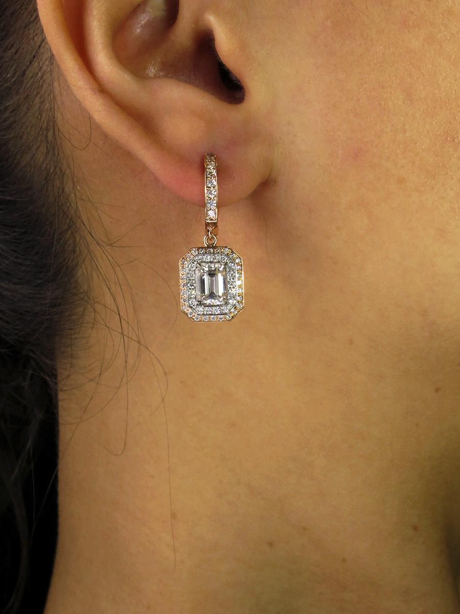 GIA 3.02ct Emerald Cut Diamond Dangle Hanging Halo Pave Rose White Gold Earrings 8