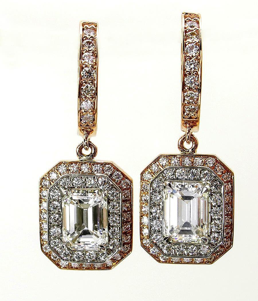 GIA 3.02ct Emerald Cut Diamond Dangle Hanging Halo Pave Rose White Gold Earrings In Good Condition In New York, NY