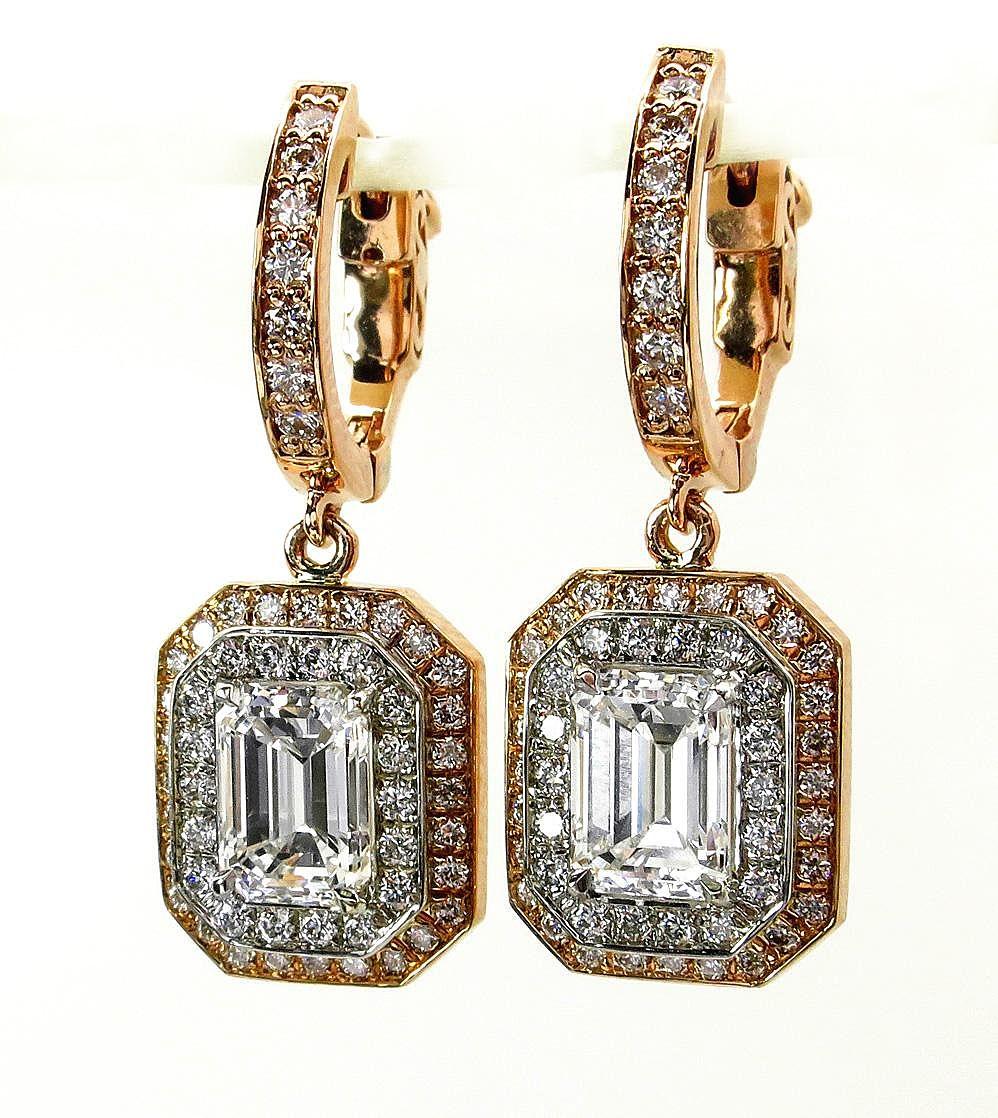 Women's GIA 3.02ct Emerald Cut Diamond Dangle Hanging Halo Pave Rose White Gold Earrings
