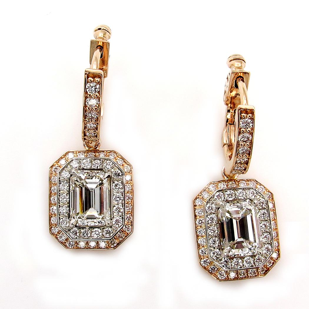 GIA 3.02ct Emerald Cut Diamond Dangle Hanging Halo Pave Rose White Gold Earrings 1