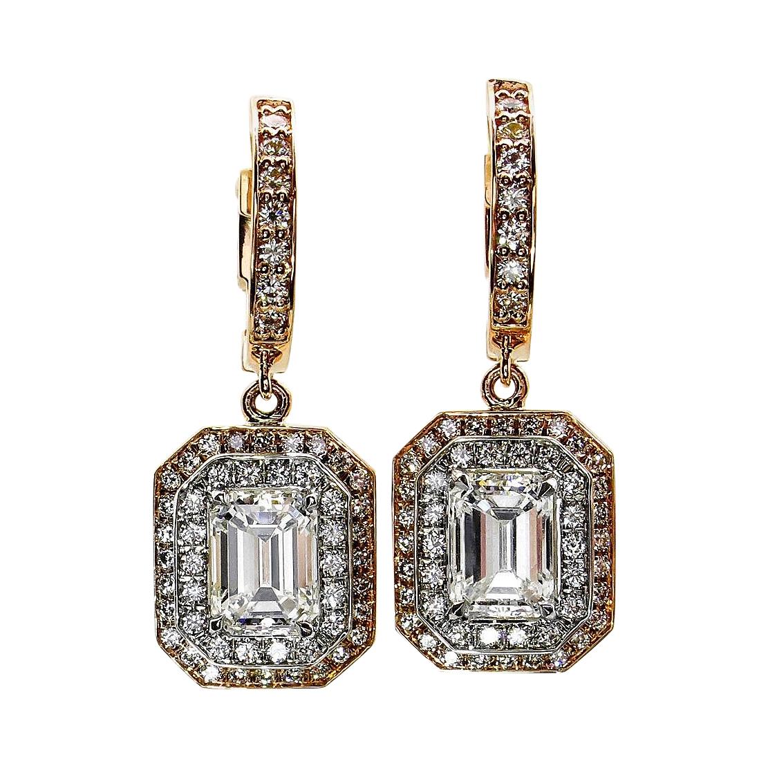 GIA 3.02ct Emerald Cut Diamond Dangle Hanging Halo Pave Rose White Gold Earrings