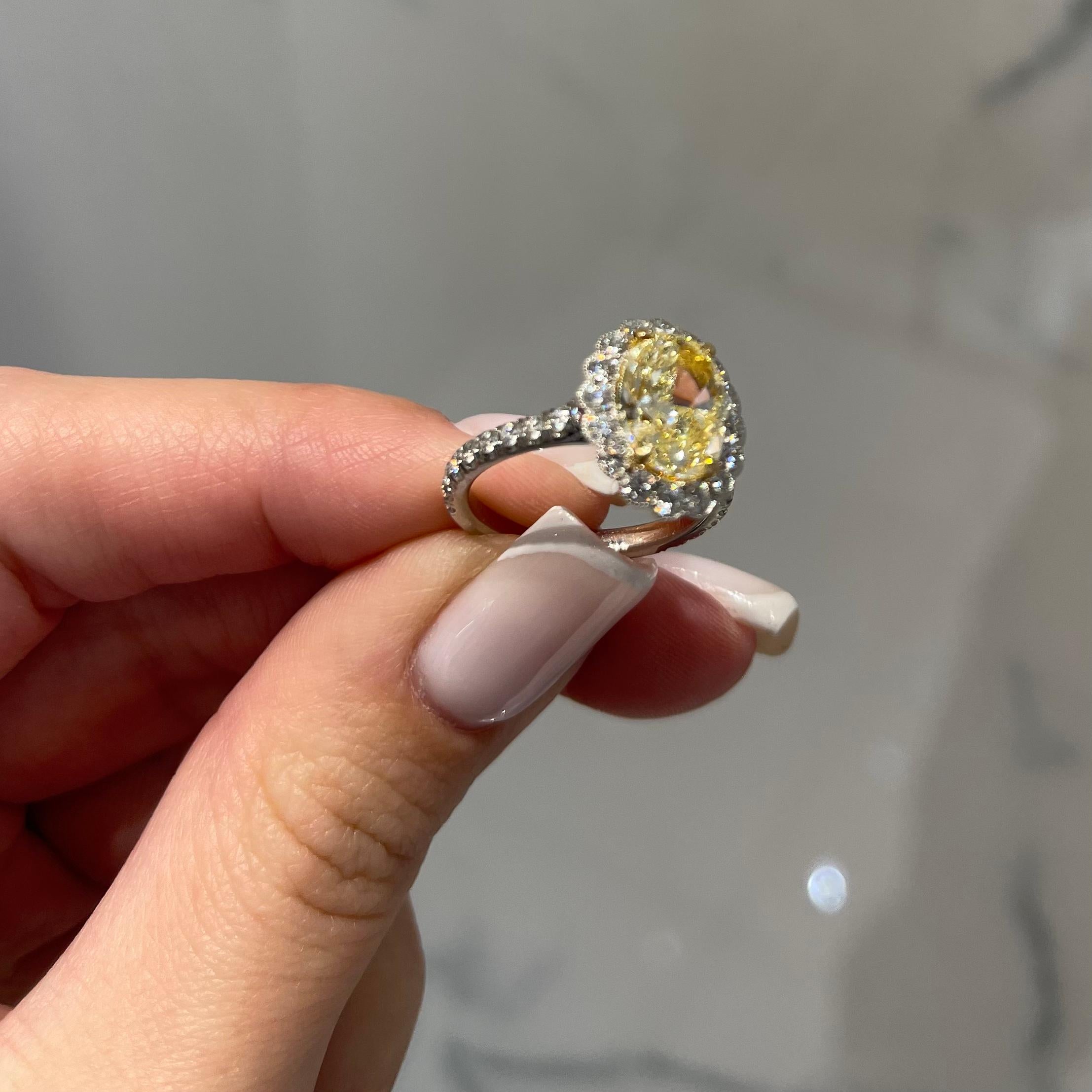 GIA 3.02 Carat Fancy Yellow Oval Diamond Engagement Ring 2