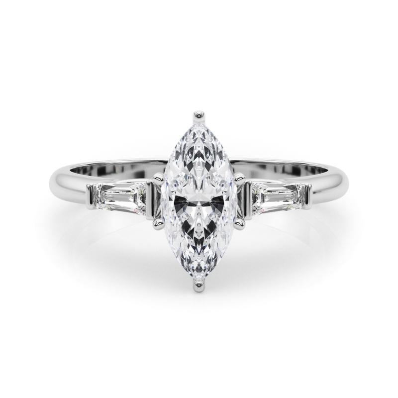 Taglio marquise GIA 3,02ct Marquise Three-Stone Tapered Baguette Anello con diamanti in oro bianco 18K in vendita