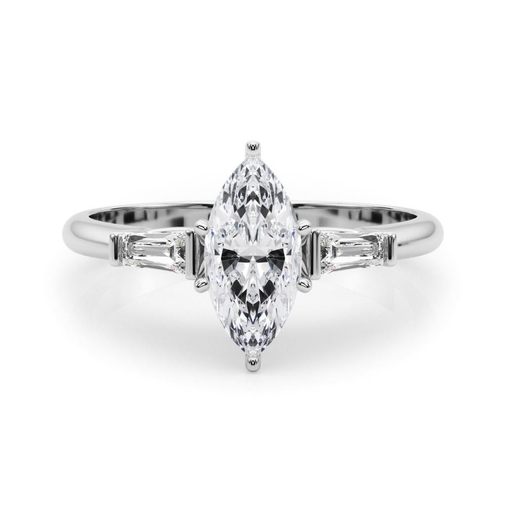 Marquise Cut GIA 3.02ct Marquise Three-Stone Tapered Baguette 18K White Gold Diamond Ring For Sale