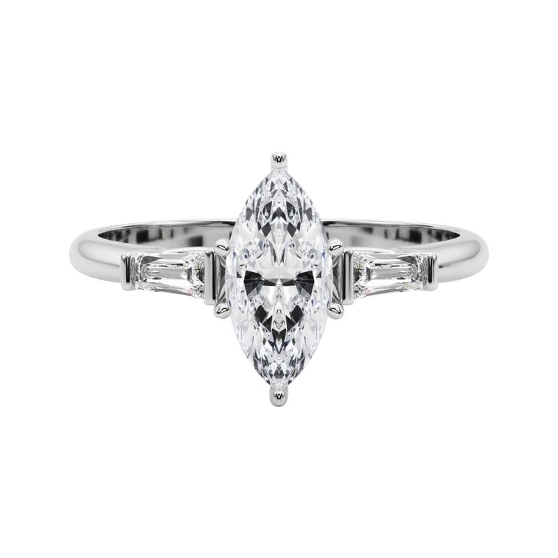 GIA 3.02ct Marquise Three-Stone Tapered Baguette 18K White Gold Diamond Ring For Sale
