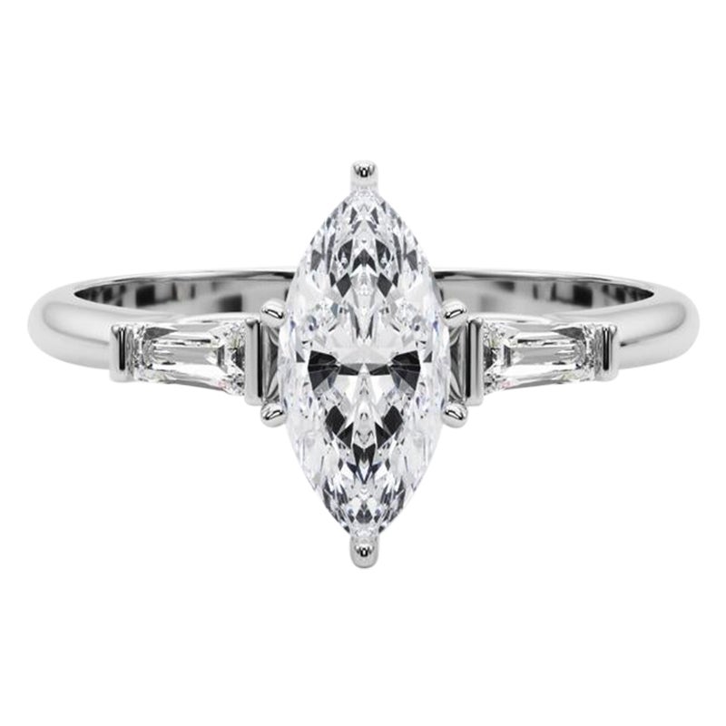 GIA 3,02ct Marquise Three-Stone Tapered Baguette Anello con diamanti in oro bianco 18K in vendita
