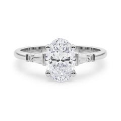 GIA 3.02ct Oval Three-Stone Tapered Baguette 18K White Gold Diamond Ring