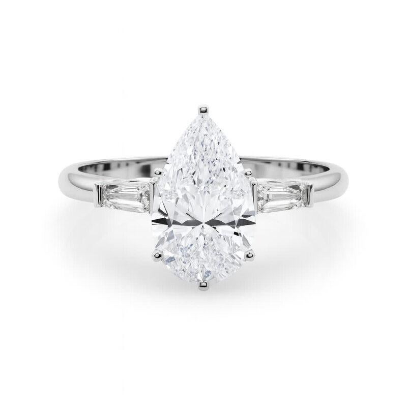 Pear Cut GIA 3.02ct Pear Three-Stone Tapered Baguette 18K White Gold Diamond Ring For Sale