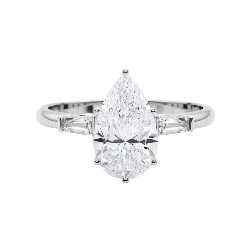 GIA 3.02ct Pear Three-Stone Tapered Baguette 18K White Gold Diamond Ring