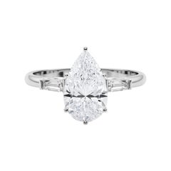 GIA 3.02ct Pear Three-Stone Tapered Baguette 18K White Gold Diamond Ring