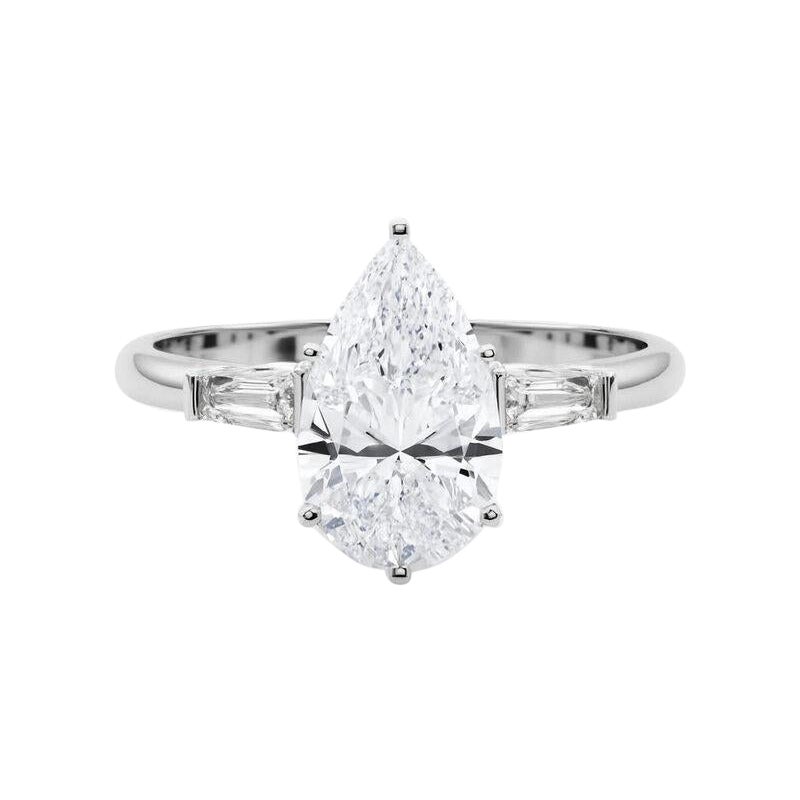 GIA 3(three) pierres poires Baguette effilée Bague en or blanc 18K diamant