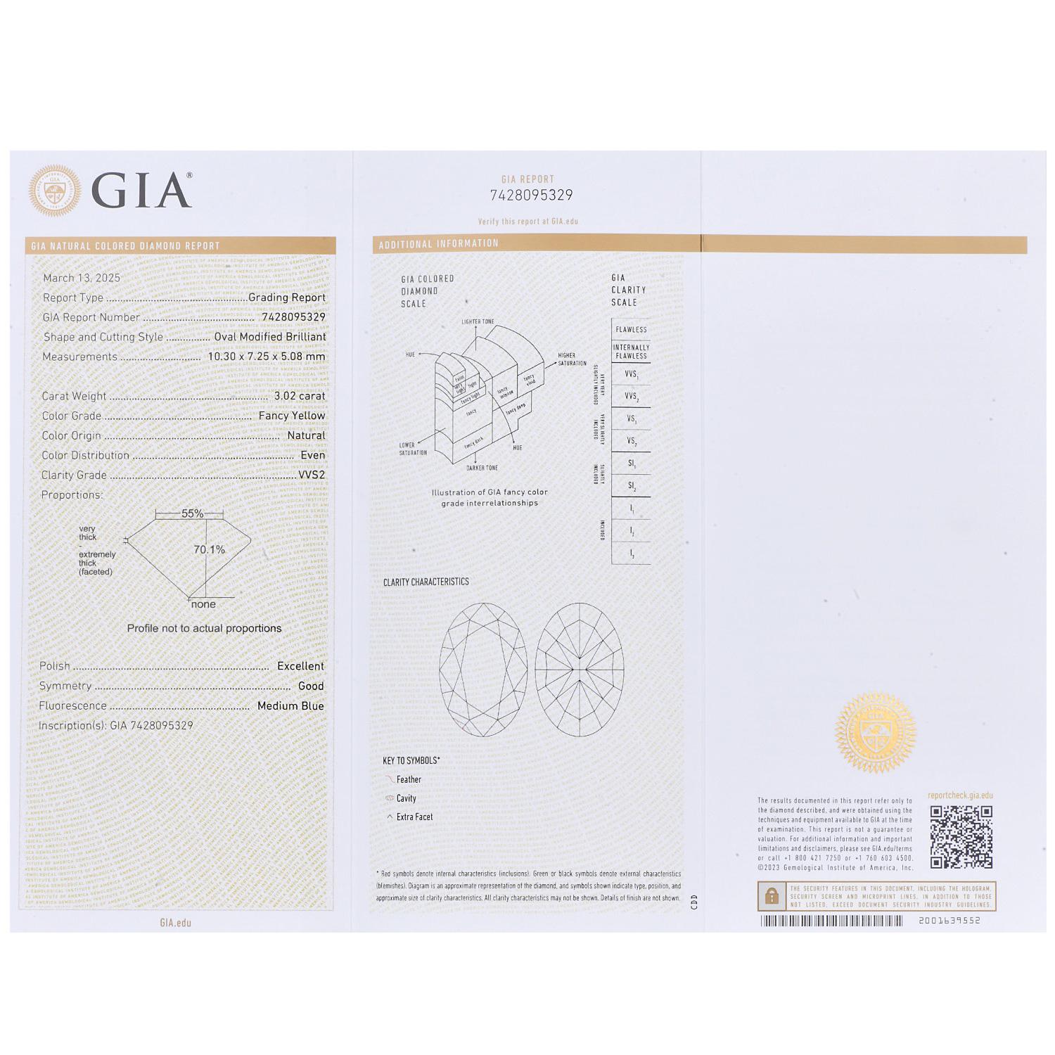 GIA Anello di fidanzamento a tre pietre in platino con diamante ovale giallo fantasia da 3.02cts In condizioni ottime in vendita a Miami, FL