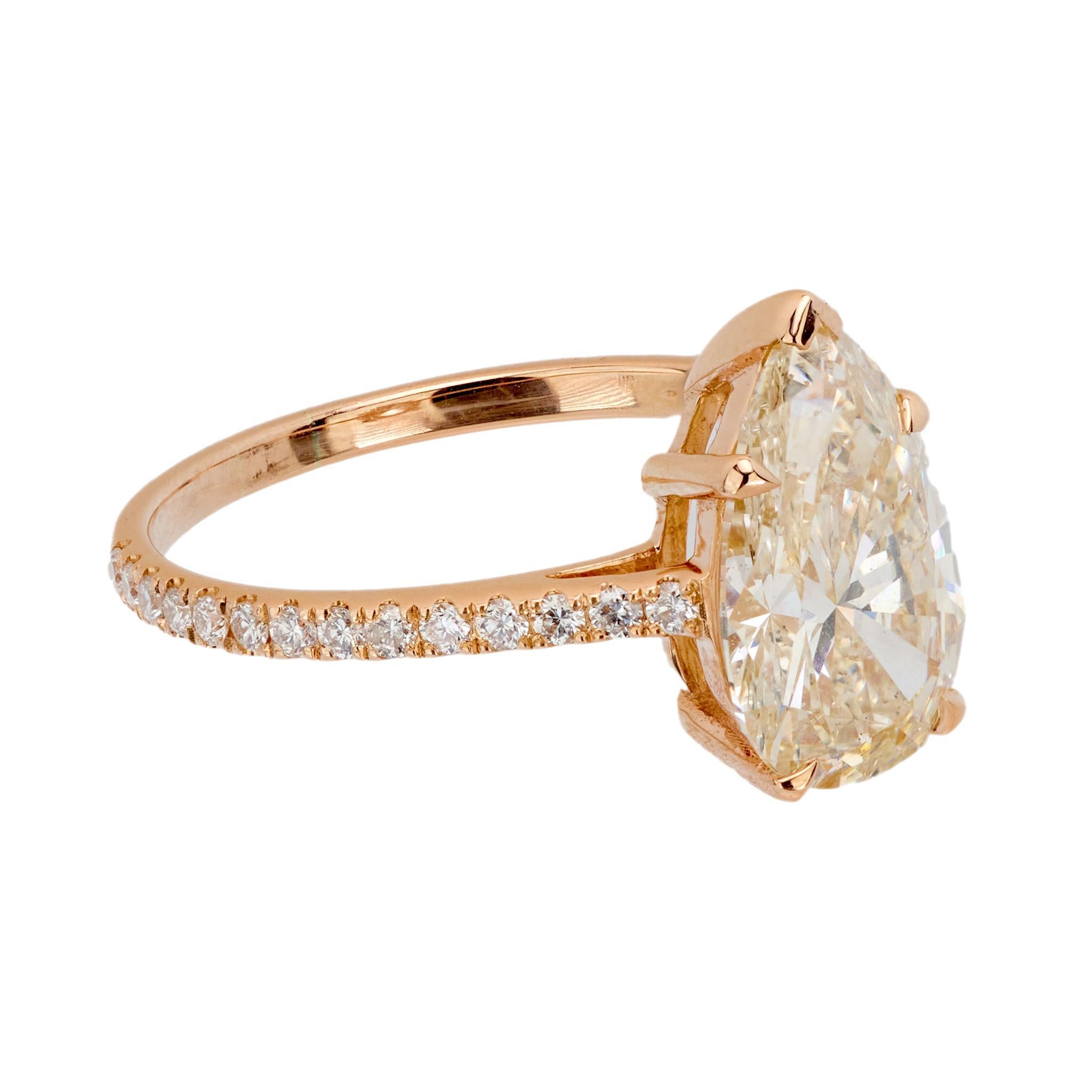 Pear Cut GIA 3.03 carat pear shape diamond 18k rose gold solitaire ring For Sale