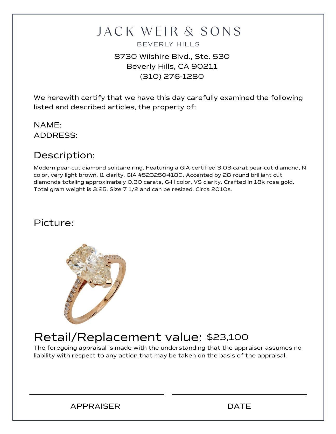 Women's or Men's GIA 3.03 carat pear shape diamond 18k rose gold solitaire ring For Sale