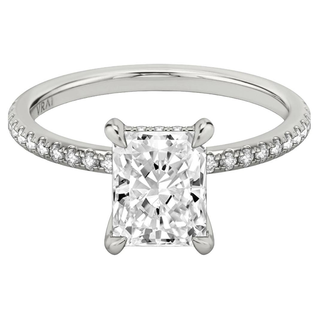 GIA 3.03ct Natural Radiant Cut Diamond with Pave Diamonds Ring 18k White Gold For Sale